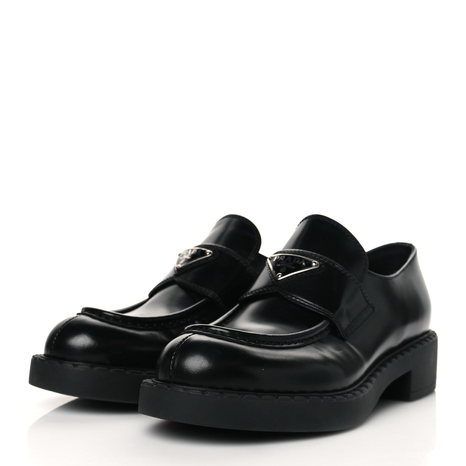 Prada Spazzolato Metal Triangle Logo 50mm Loafers 37.5 Black 2 of 8