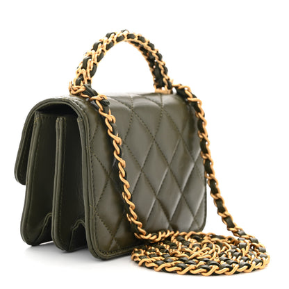 Chanel Lambskin Quilted Chain Top Handle Clutch With Chain Khaki 3 of 12