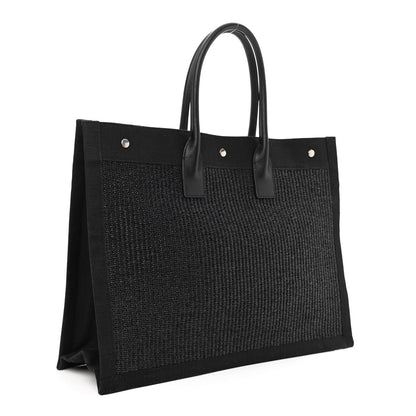 Saint Laurent Raffia Linen Calfskin Rive Gauche Tote Black 3 of 8