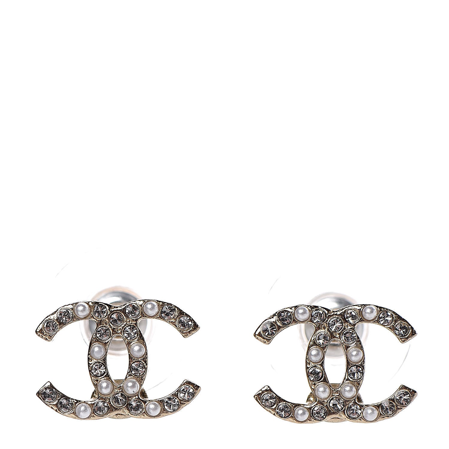 Chanel Pearl Crystal CC Charms Stud Earrings Light Gold 1 of 5