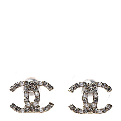 Chanel Pearl Crystal CC Charms Stud Earrings Light Gold 1 of 5
