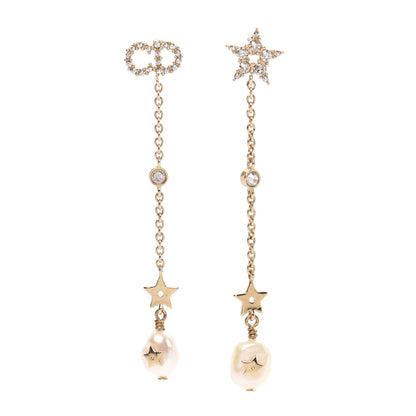 Christian Dior Pearl Crystal Shiny-D Dangle Chain Earrings Gold 1 of 3