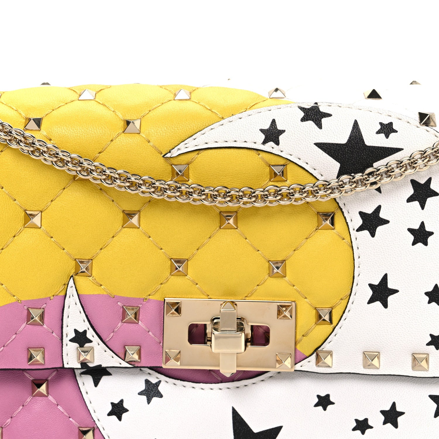 Valentino Garavani Lambskin Medium Moon And Stars Rockstud Spike Shoulder Bag White Yellow Pink 7 of 9