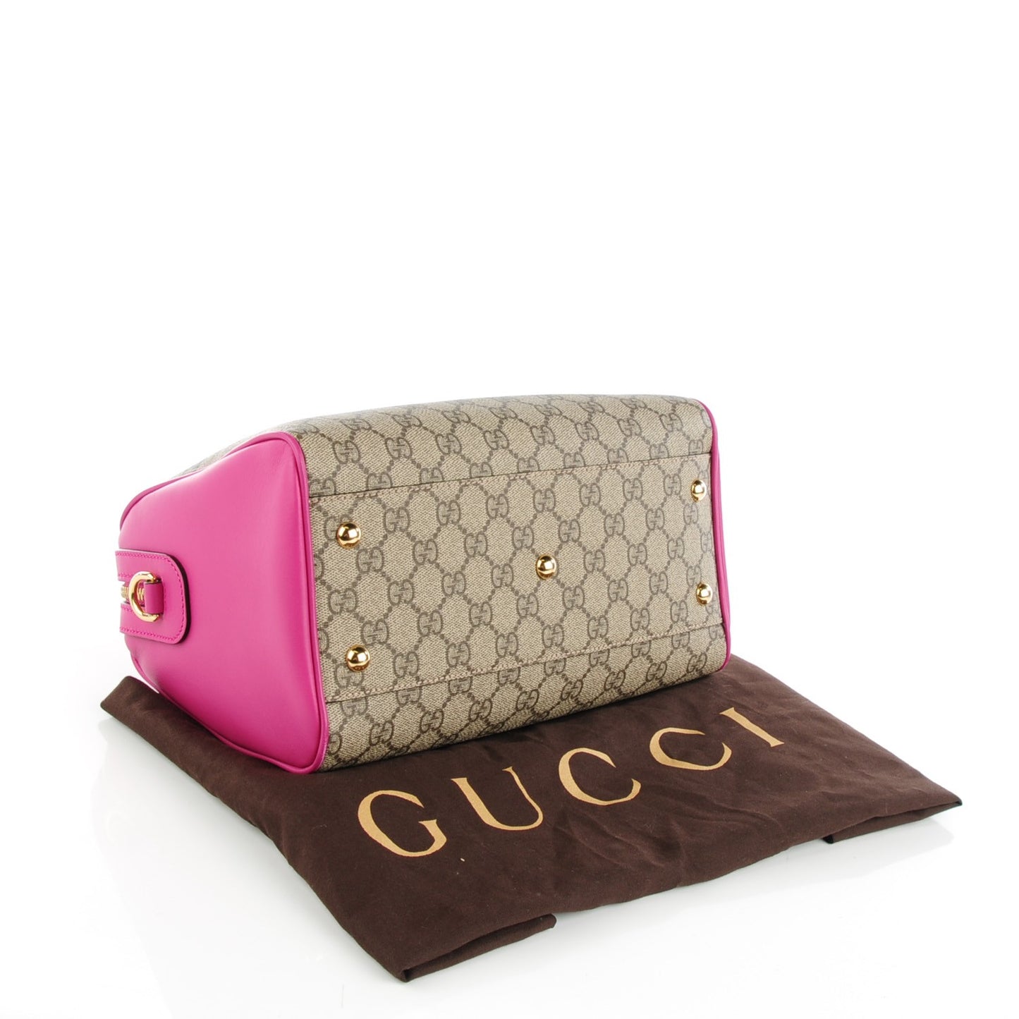 GG Supreme Monogram Moon Calfskin Small Boston Beige Ebony Hibiscus Red New Rosette