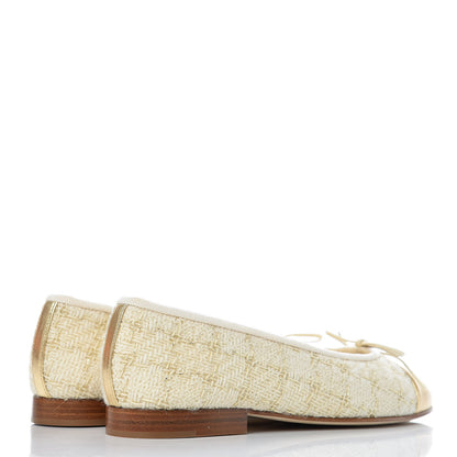 Chanel Tweed Metallic Lambskin CC Cap Toe Ballerina Flats 36 Beige Gold 4 of 10