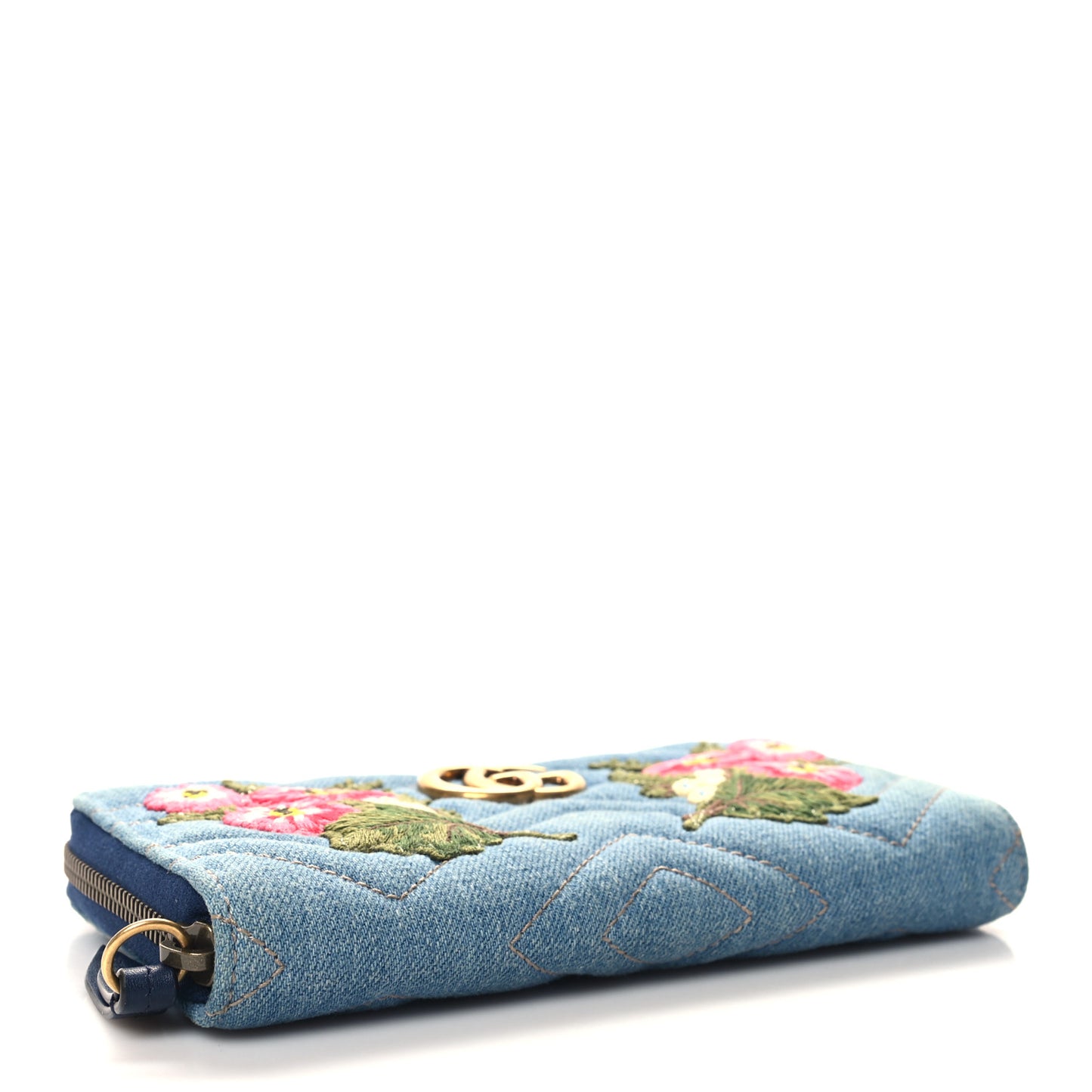 Denim Matelasse Floral Embroidered GG Marmont Zip Around Wallet Blue