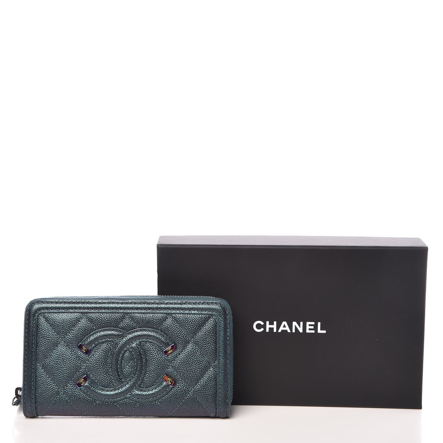 Iridescent Caviar Quilted Medium Filigree Zip Around Wallet Dark Turquoise