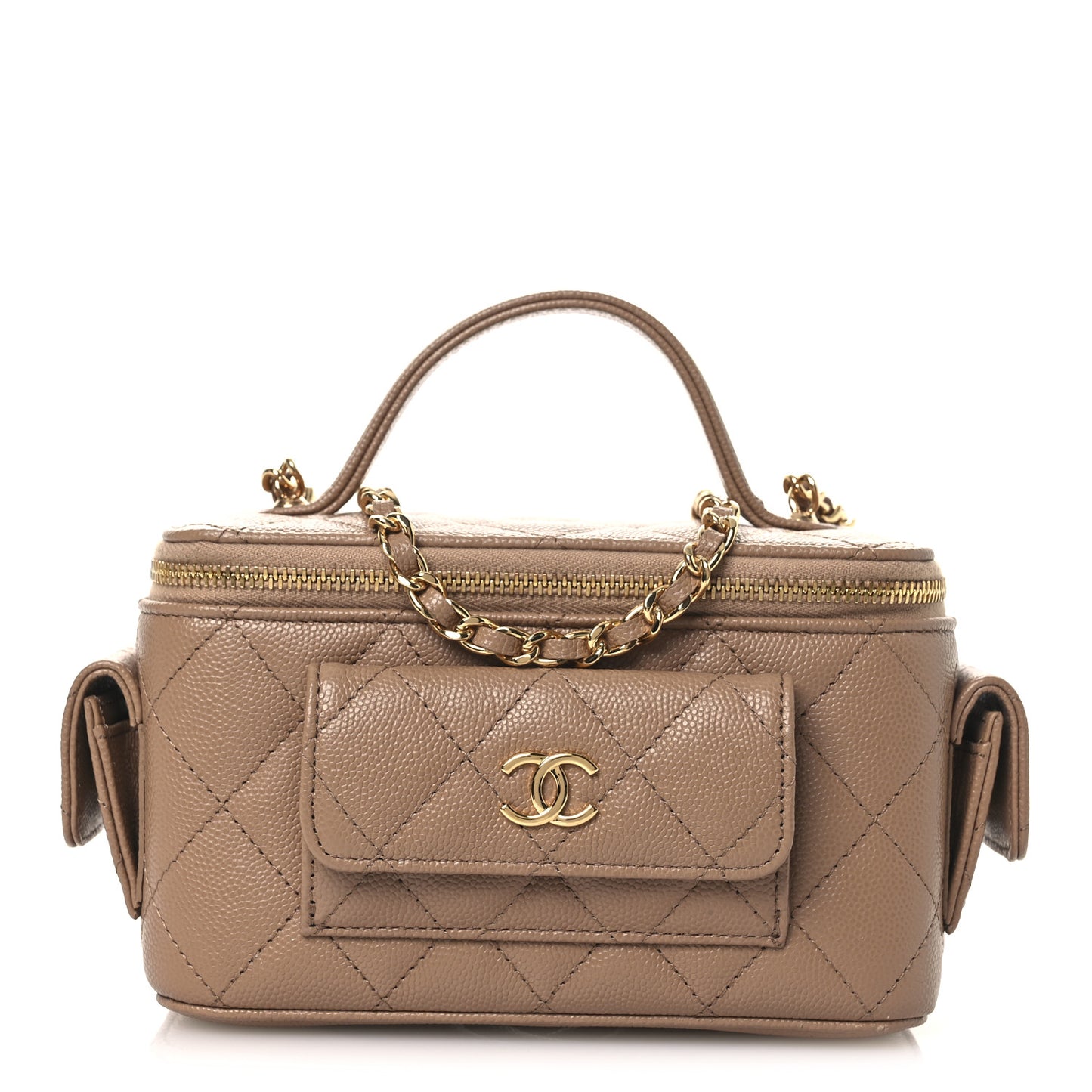 Caviar Quilted Polly Pocket East West Top Vanity With Chain Dark Beige