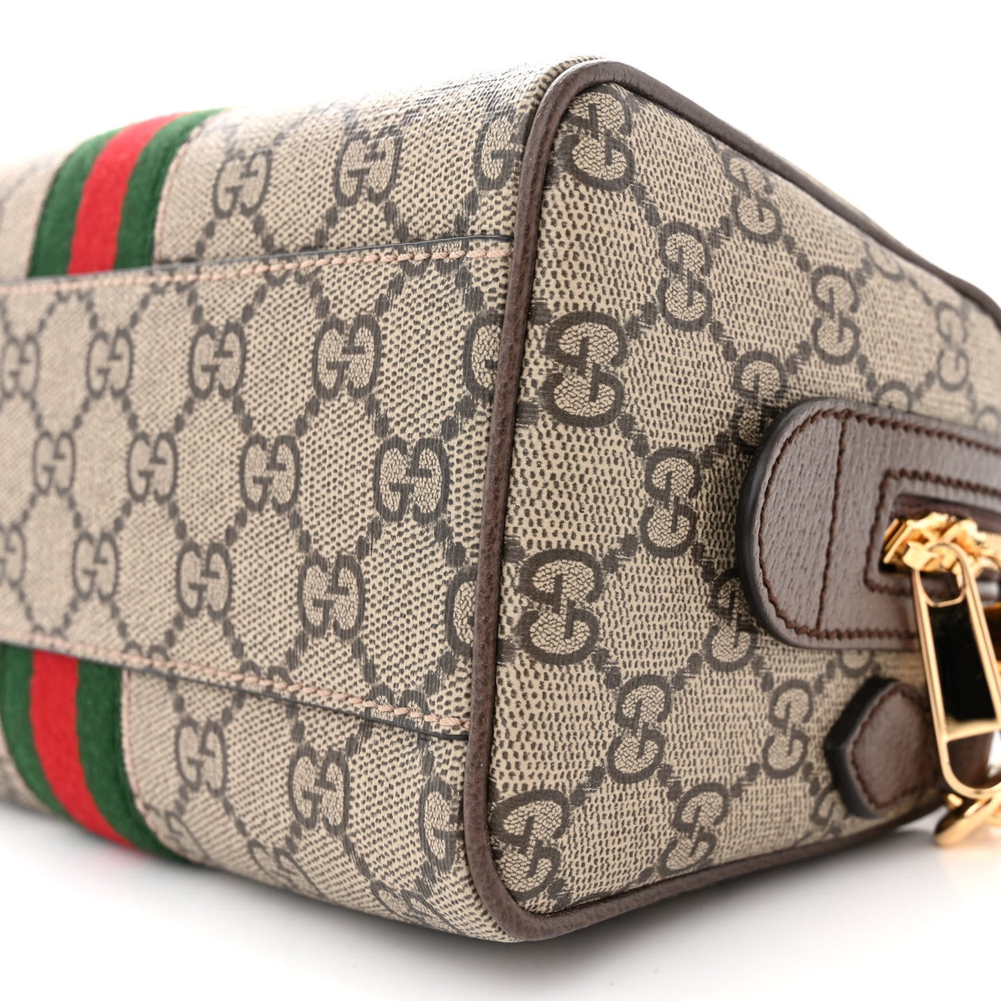 GG Supreme Monogram Textured Dollar Calfskin Web Mini Ophidia Top Handle Bag Beige Ebony New Acero