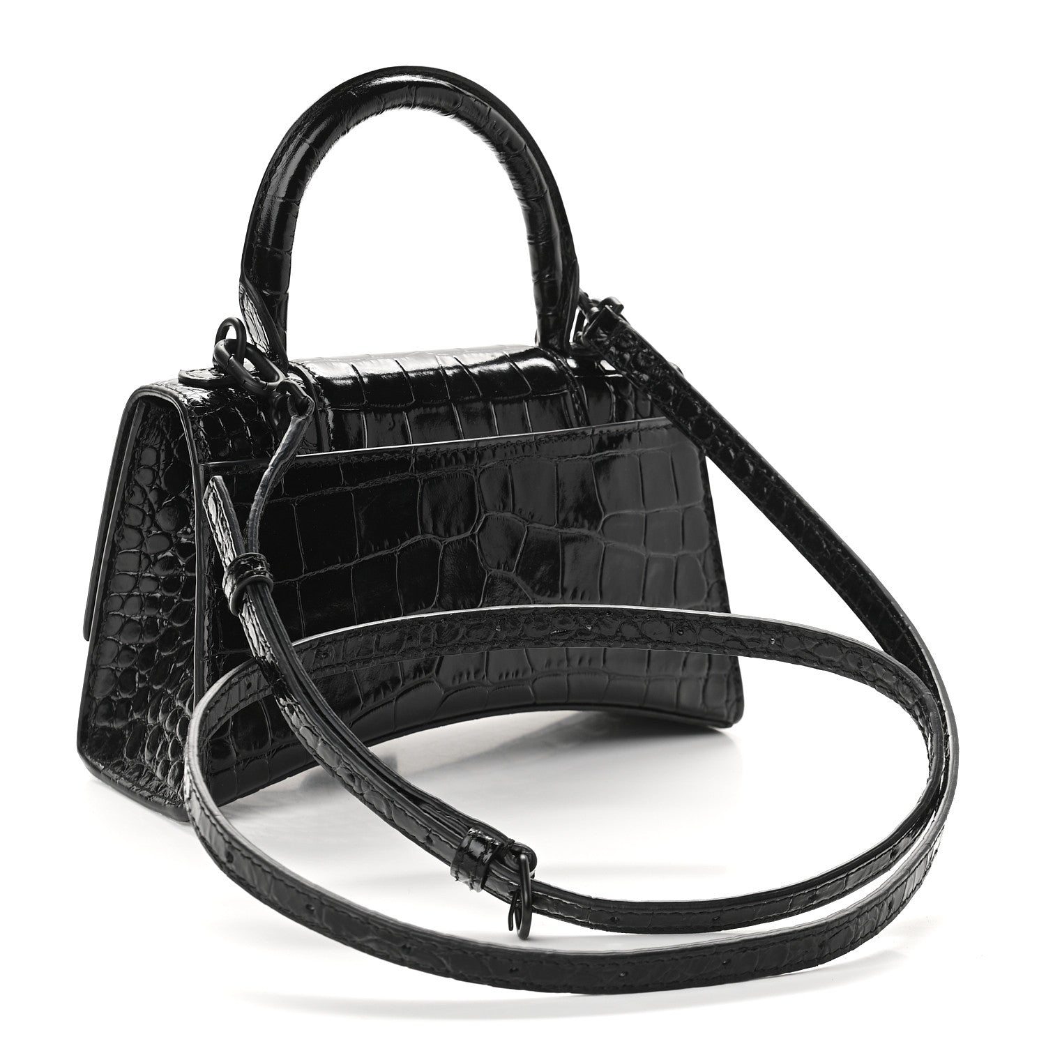 Balenciaga Shiny Calfskin Monochrome Crocodile Embossed Hourglass Top Handle Bag XS Black 3 of 9