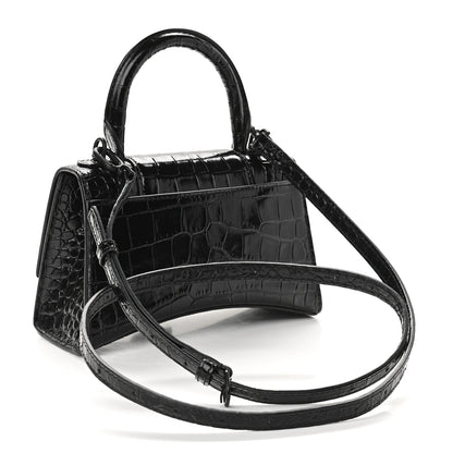 Balenciaga Shiny Calfskin Monochrome Crocodile Embossed Hourglass Top Handle Bag XS Black 3 of 9