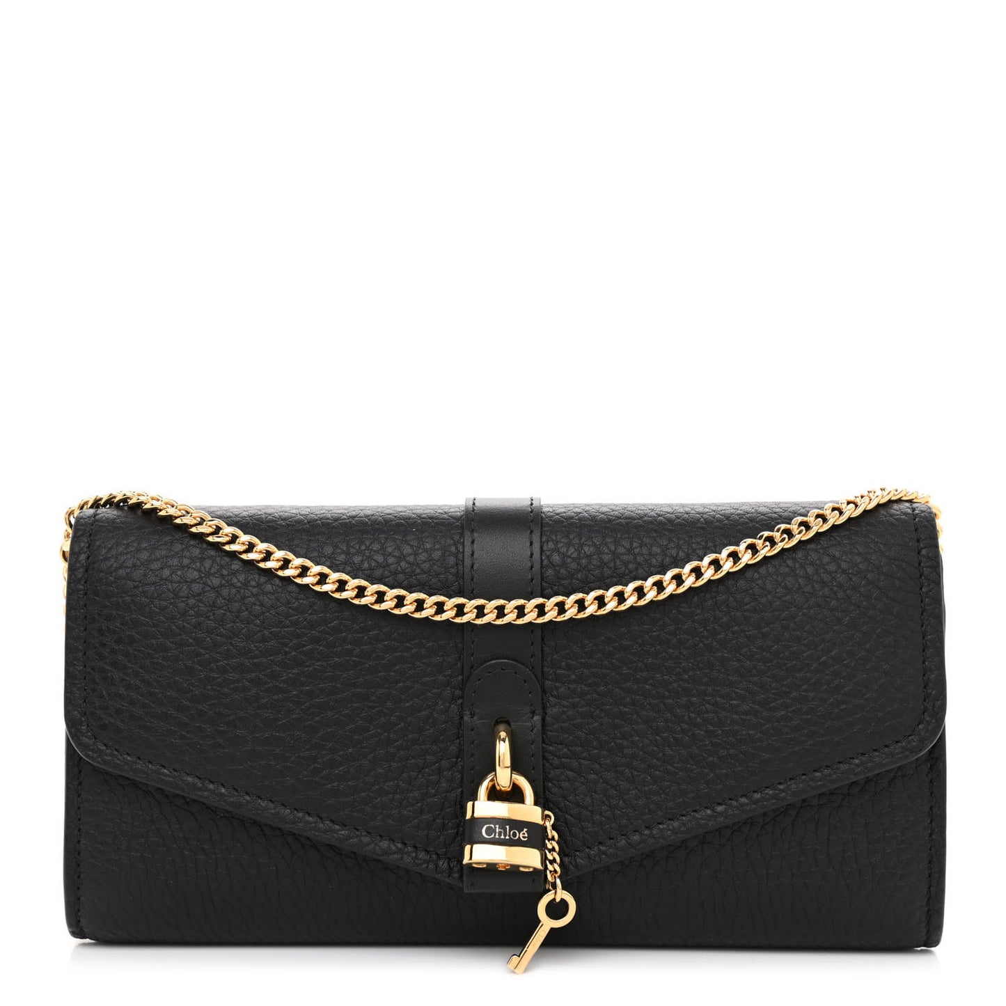 Shiny Grained Calfskin Aby Wallet on Chain Black