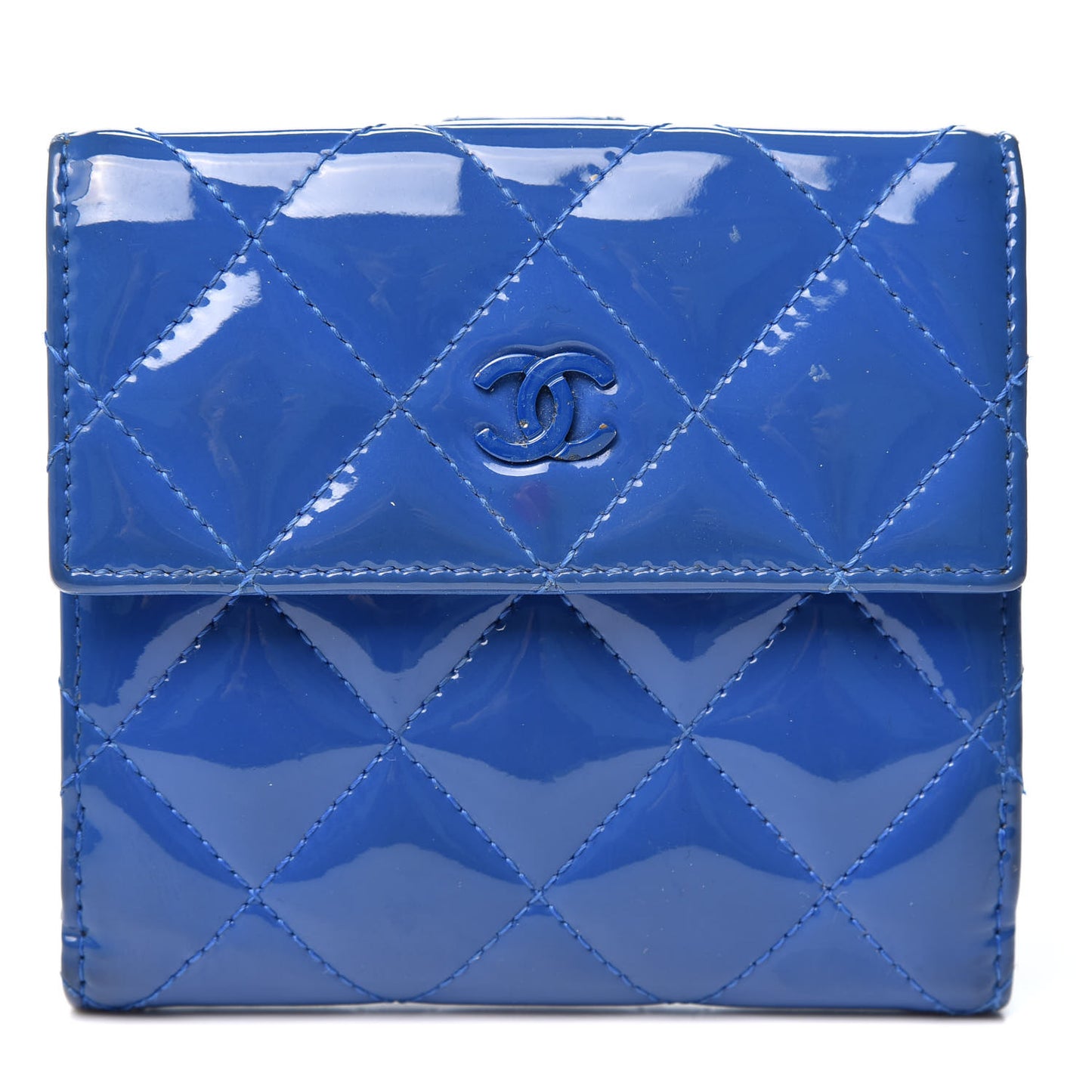 Patent Quilted Compact French Flap Wallet Blue
