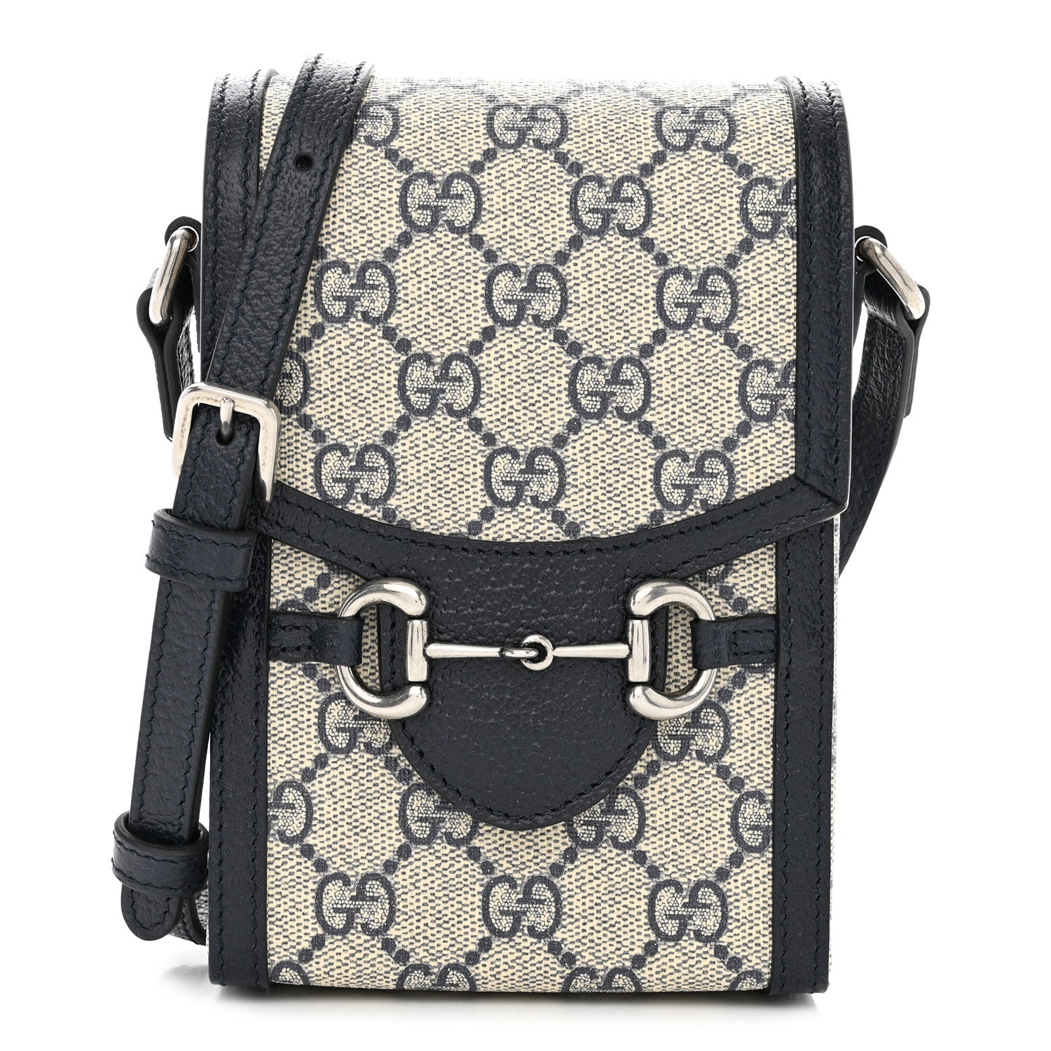 Gucci GG Supreme Monogram Textured Dollar Calfskin Mini Horsebit 1955 Crossbody Bag Beige Blue 1 of 13