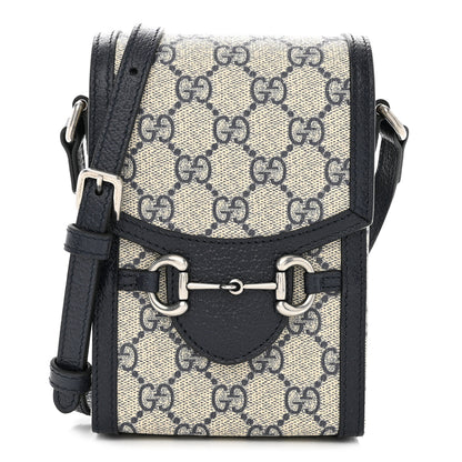 Gucci GG Supreme Monogram Textured Dollar Calfskin Mini Horsebit 1955 Crossbody Bag Beige Blue 1 of 13
