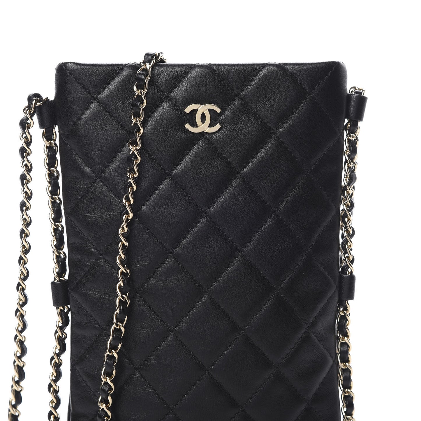 Lambskin Quilted Chain Around Phone Holder Black