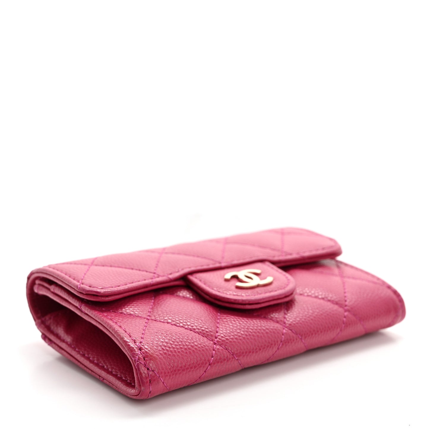 Caviar Quilted Flap Card Holder Wallet Dark Pink