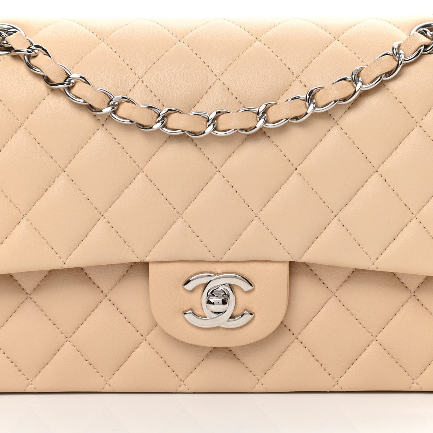Lambskin Quilted Medium Double Flap Beige