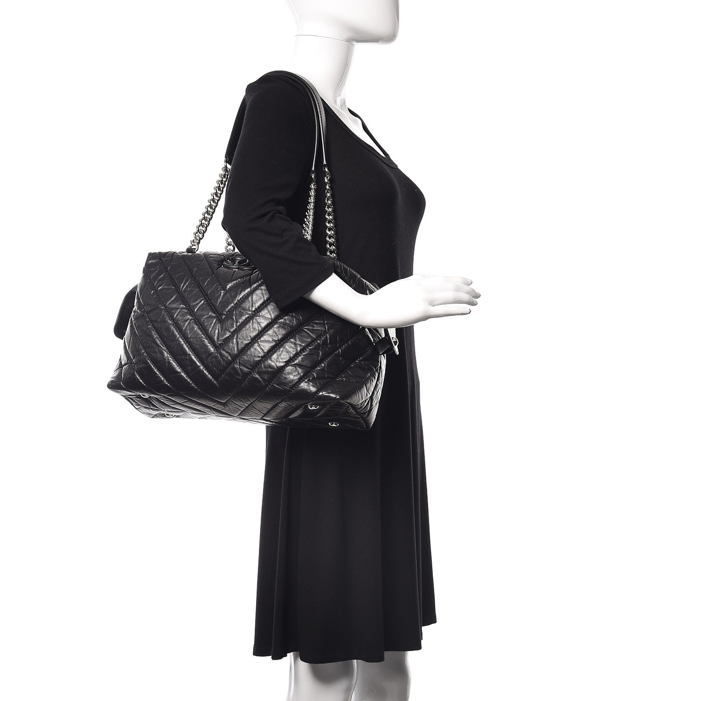 Aged Calfskin Chevron Quilted Bowling Bag Black