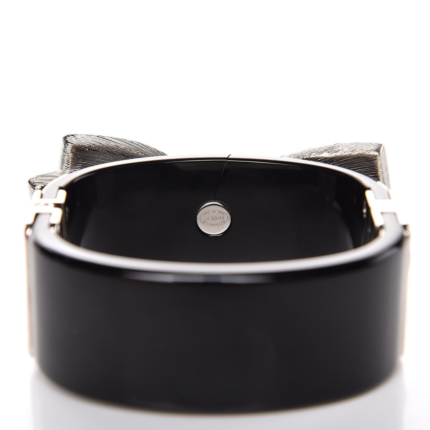 Resin Crystal CC Bow Cuff Bracelet Black Silver