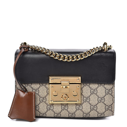 Gucci GG Supreme Monogram Calfskin Small Padlock Shoulder Bag Beige Black Cuir 1 of 14