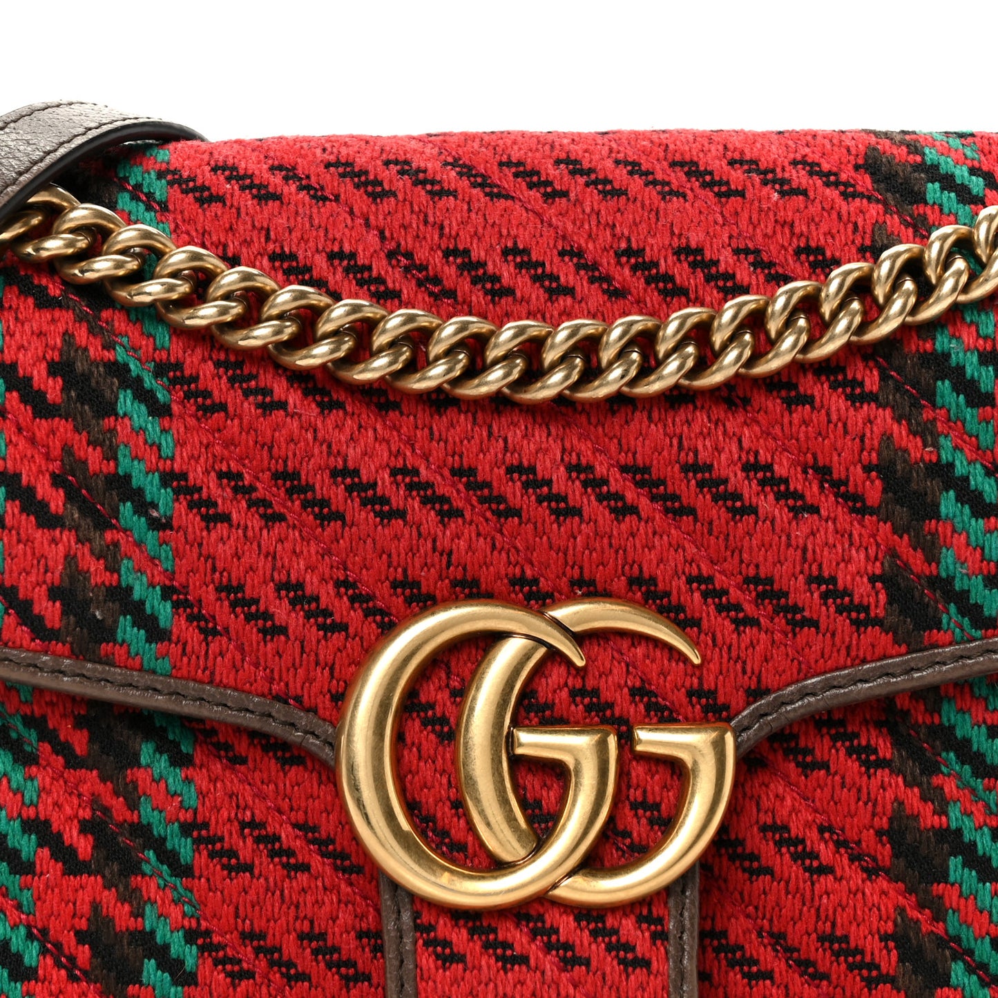 Wool Tweed Textured Dollar Calfskin Matelasse Diagonal Plaid Small GG Marmont Shoulder Bag Red Green Multicolor New Acero