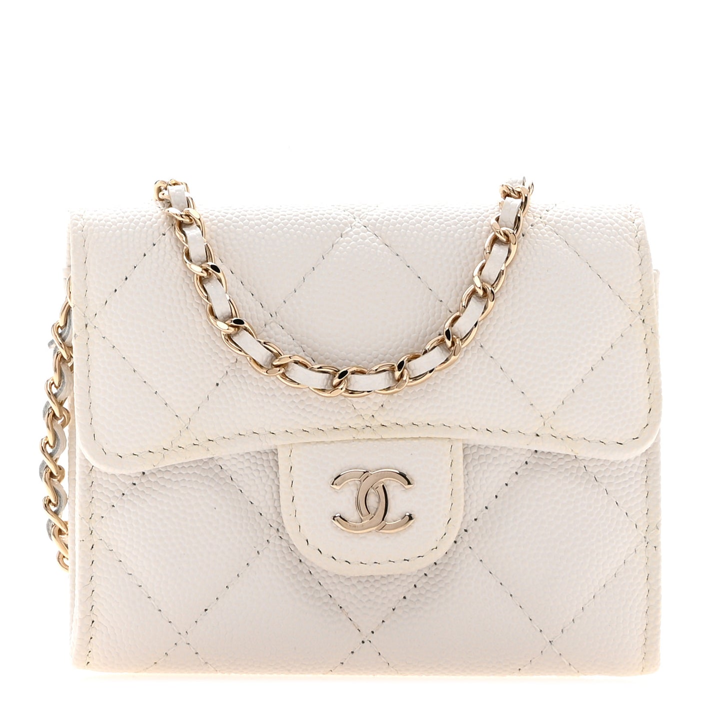 Caviar Quilted Flap Card Holder On Chain White