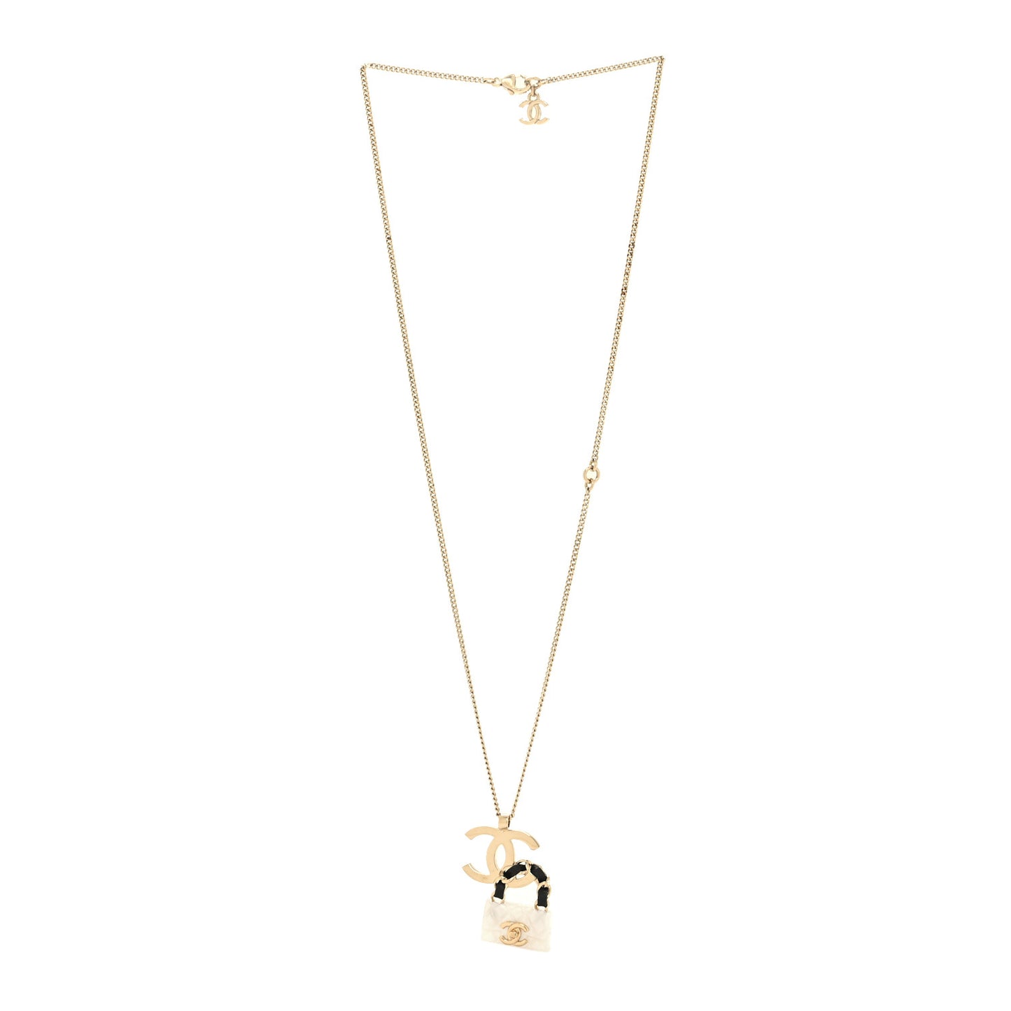 Metal Lambskin Resin CC Flap Bag Necklace Gold Black Pearly White