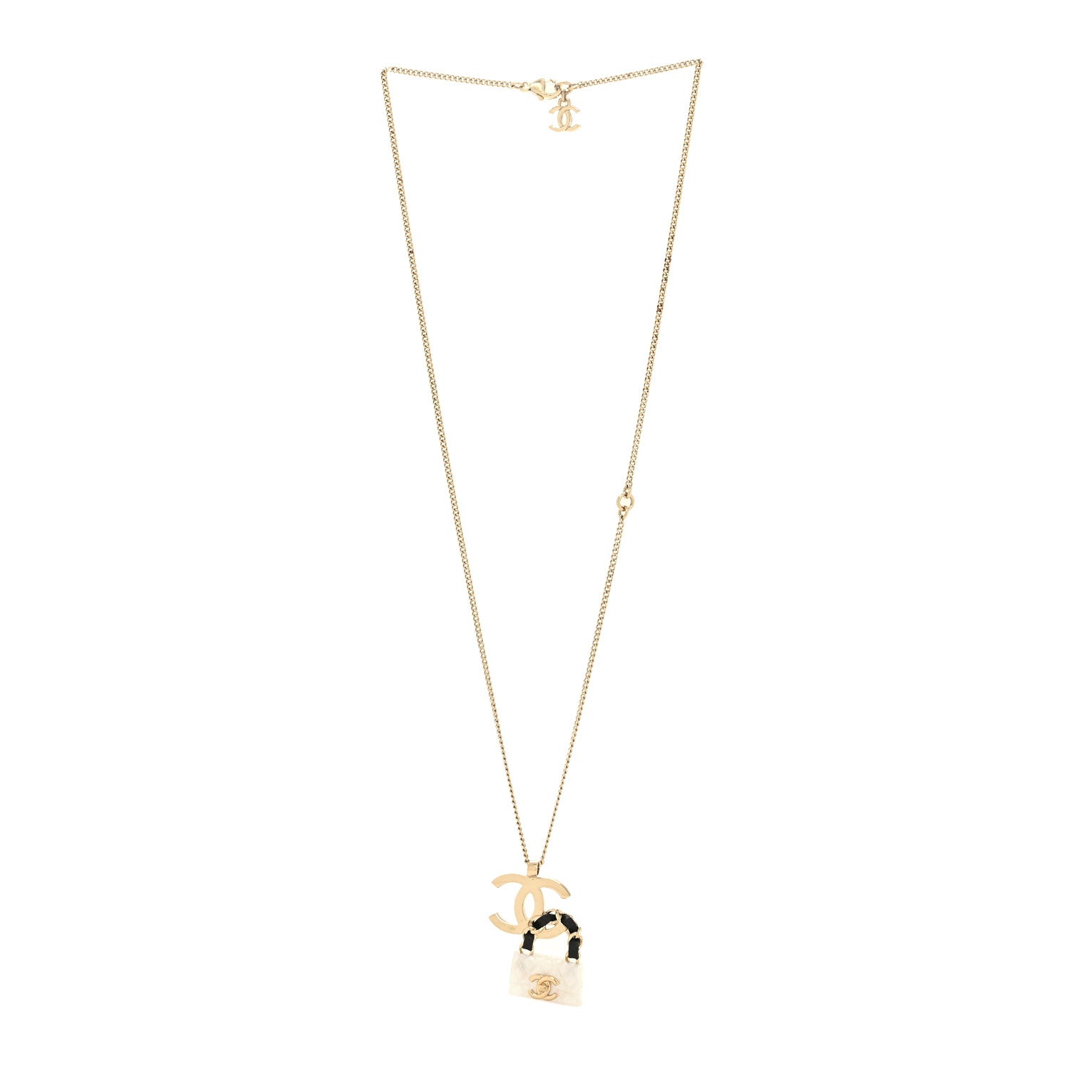 Chanel Metal Lambskin Resin CC Flap Bag Necklace Gold Black Pearly White 3 of 6