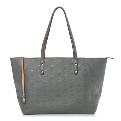 MCM Calfskin Ottomar Monogram Medium Klara Top Zip Tote Charcoal 1 of 9