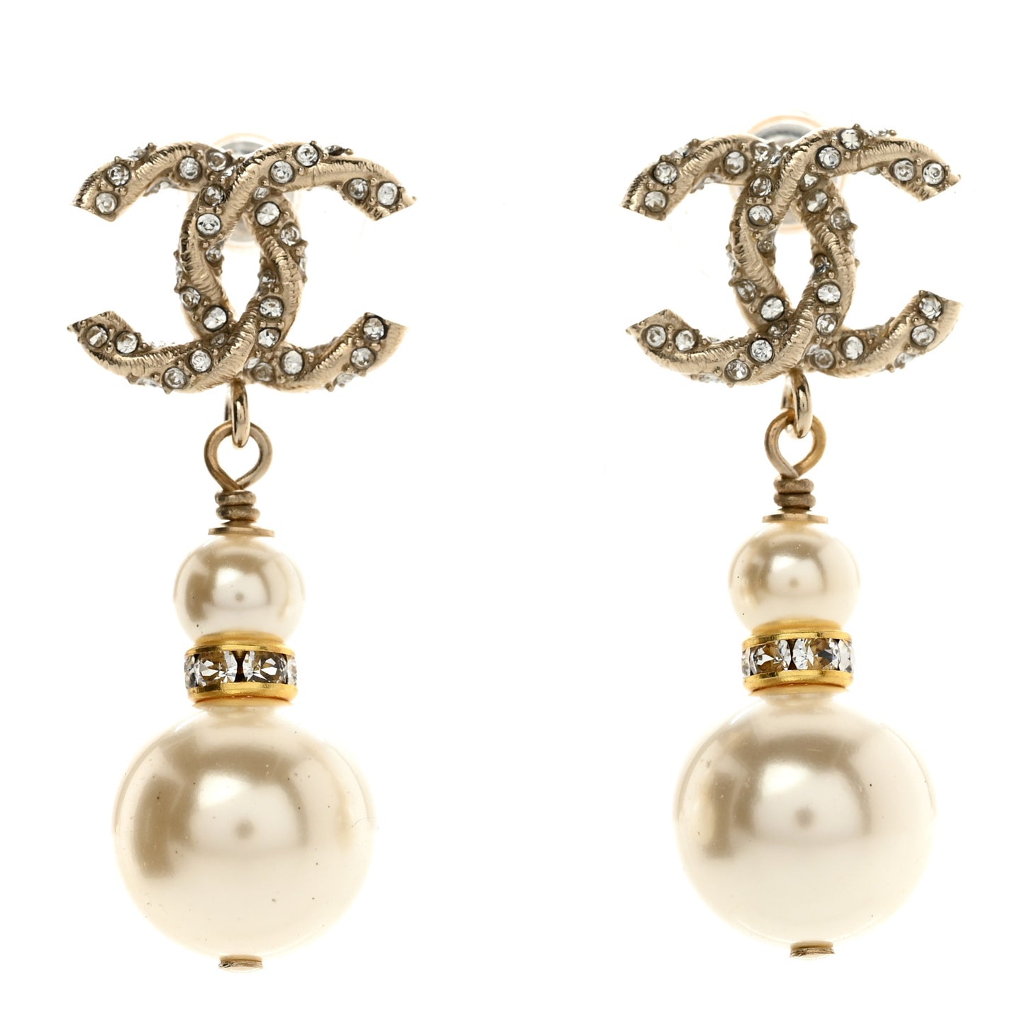 Pearl Crystal Twisted CC Drop Earrings Gold