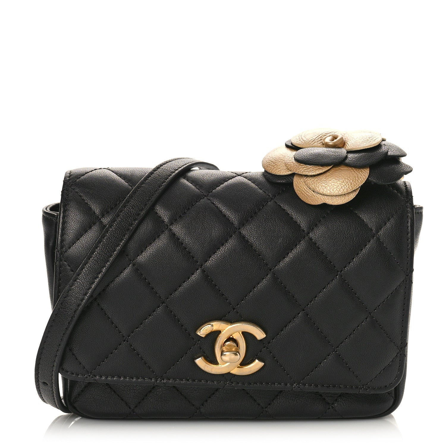 Chanel Lambskin Quilted Camellia Flower Waist Flap Black 1 of 11