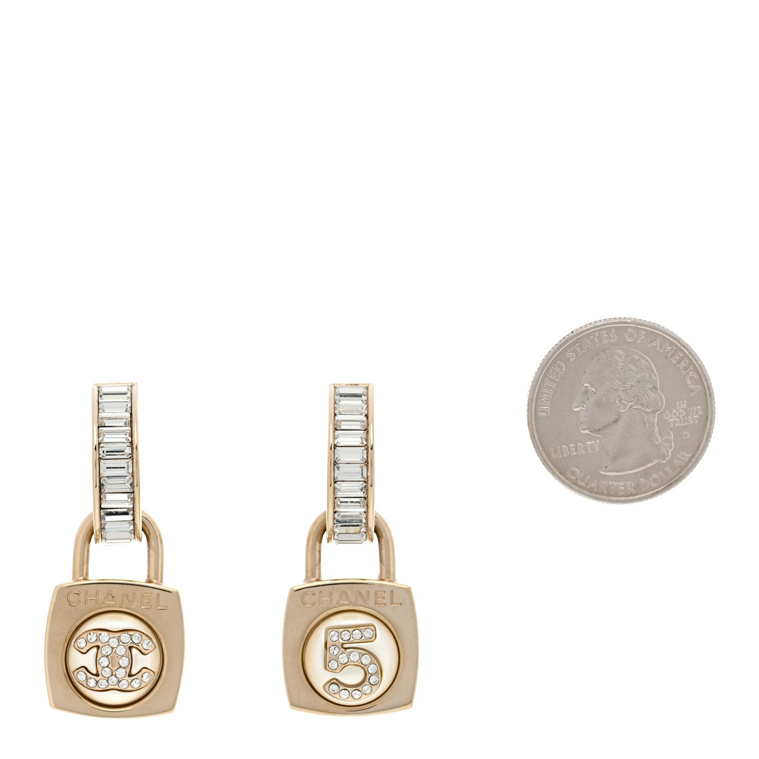 Chanel Pearl Crystal Baguette No 5 Lock Drop Earrings Gold Pearly White 2 of 5