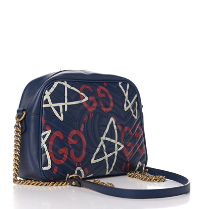Gucci Calfskin Matelasse GucciGhost Medium GG Marmont Chain Shoulder Bag Blue Agata Hibiscus Red 2 of 9