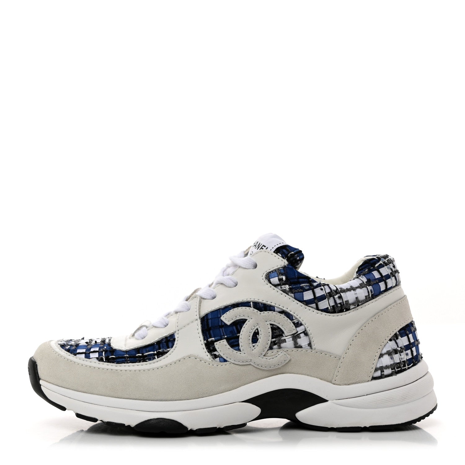 Chanel Tweed Suede Calfskin Womens CC Sneakers 38.5 Dark Blue Black Grey White 1 of 9