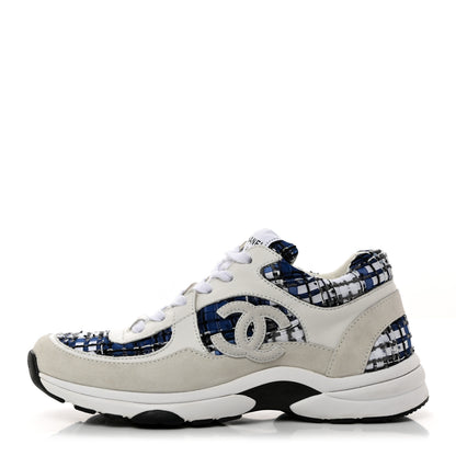 Chanel Tweed Suede Calfskin Womens CC Sneakers 38.5 Dark Blue Black Grey White 1 of 9