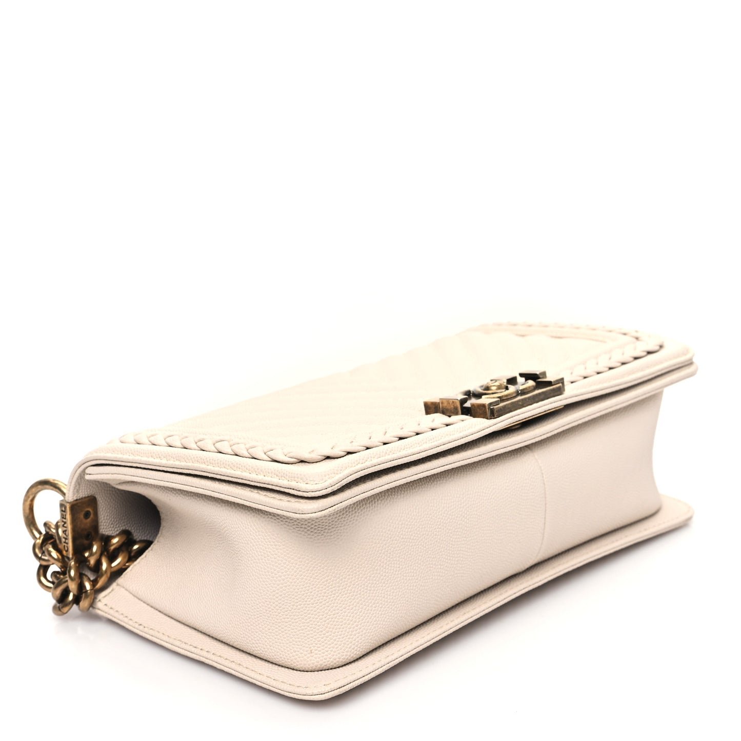 Caviar Chevron Quilted Braided Medium Boy Flap Beige