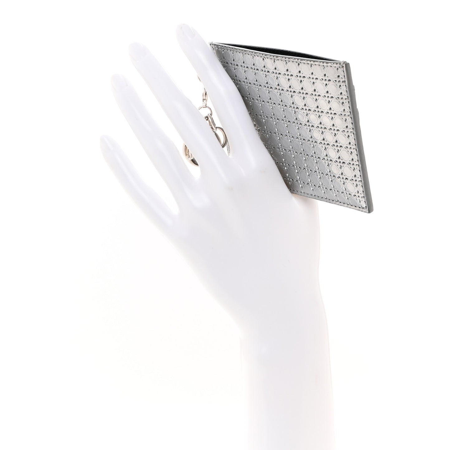 Metallic Patent Micro-Cannage Lady Dior Card Holder Silver