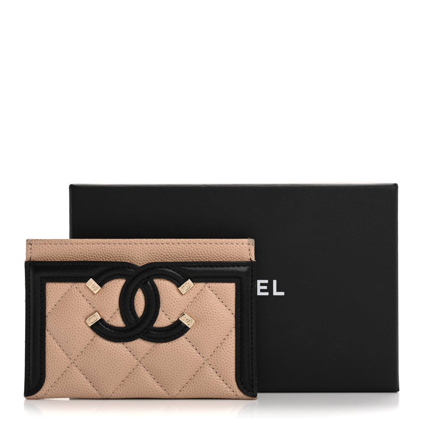 Caviar Quilted Filigree Card Holder Beige Black