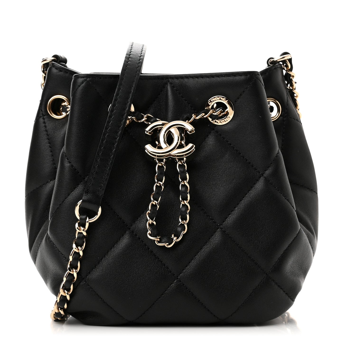 Lambskin Quilted CC Dweller Drawstring Bucket Bag Black