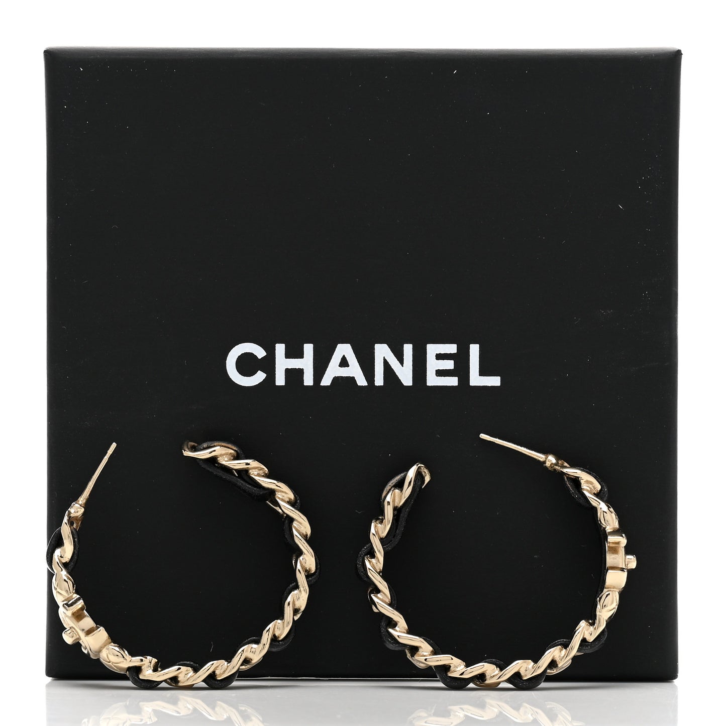 Metal Lambskin Quilted CC Turnlock Chain Hoop Earrings Gold Black