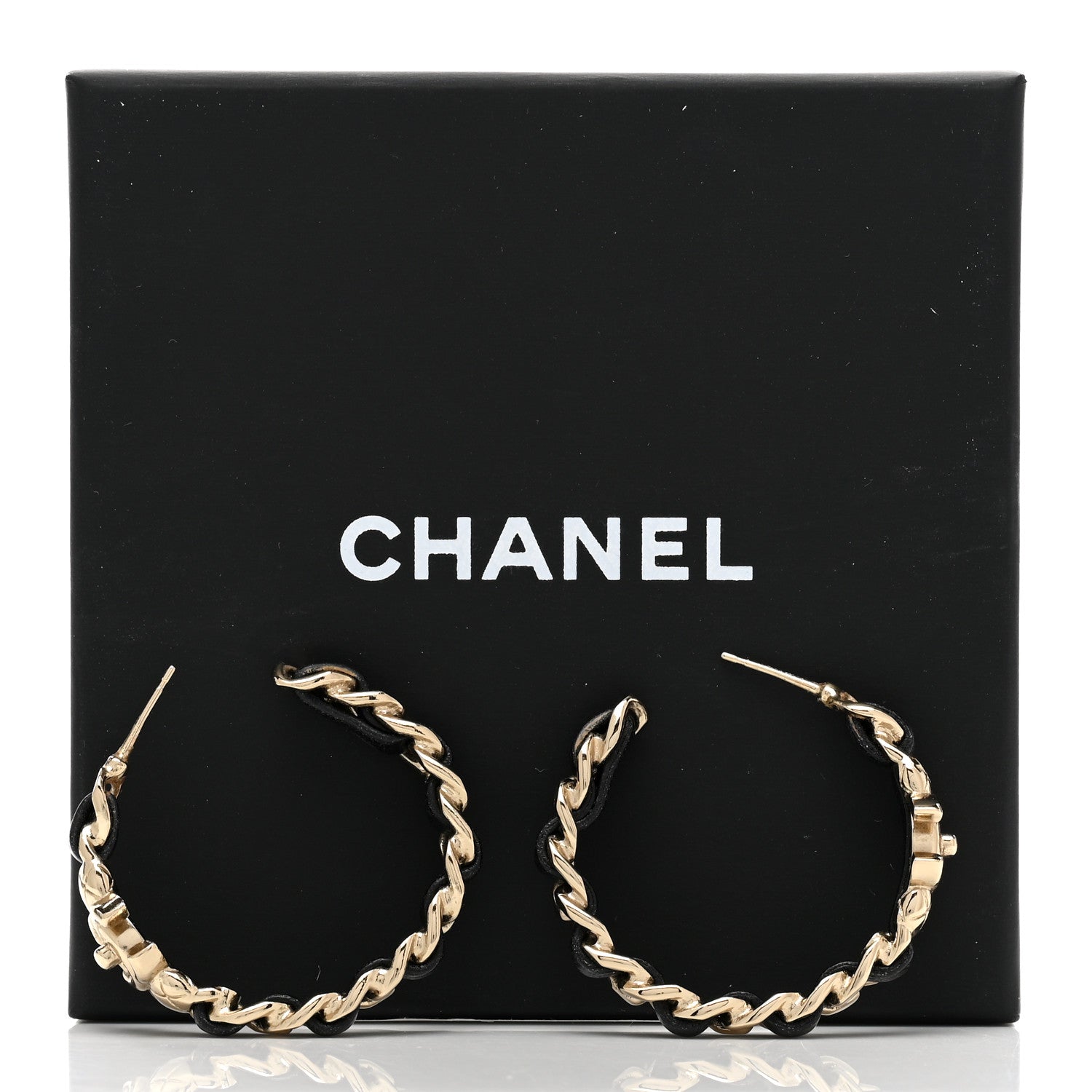 Chanel Metal Lambskin Quilted CC Turnlock Chain Hoop Earrings Gold Black 5 of 5