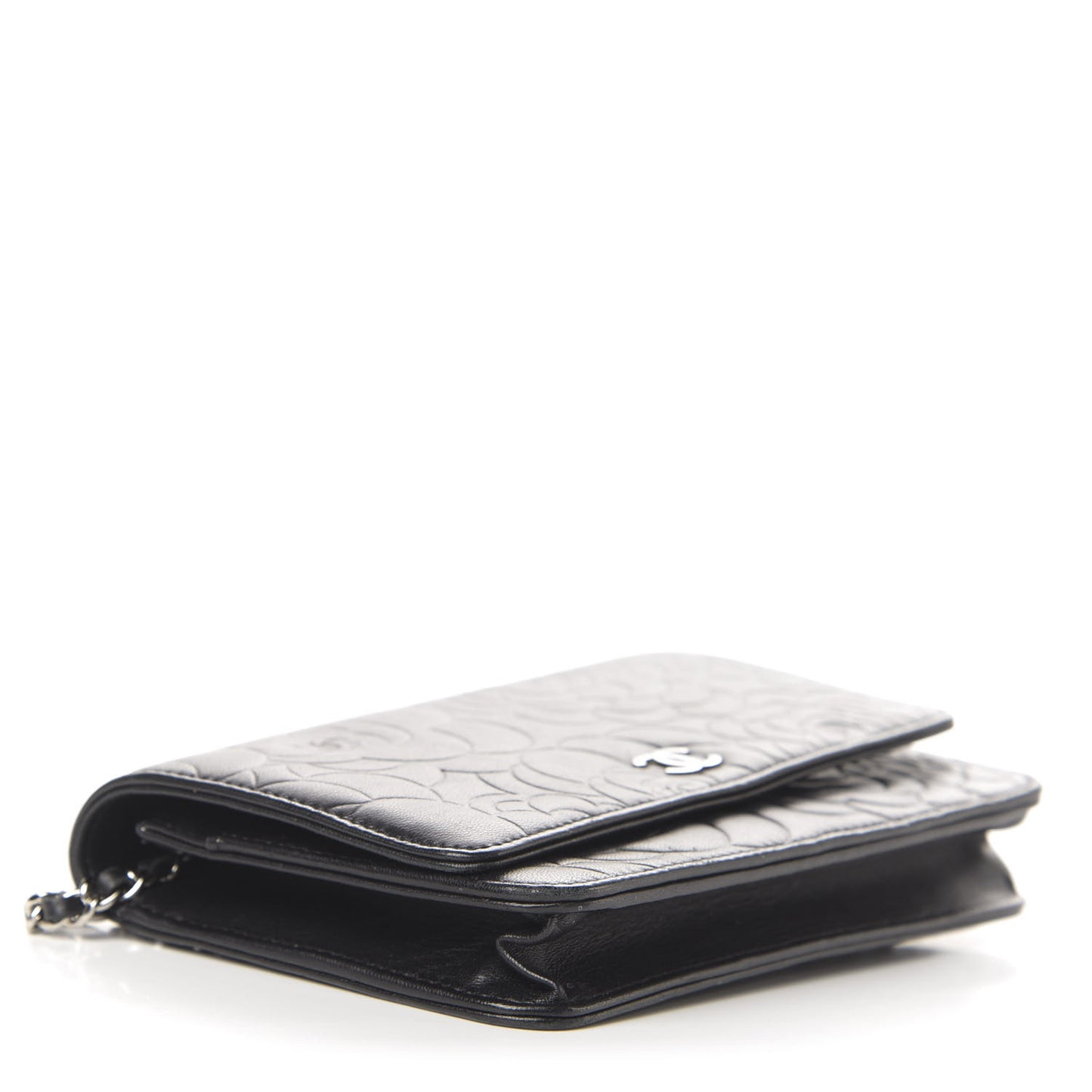 Goatskin Camellia Embossed Wallet on Chain WOC Black