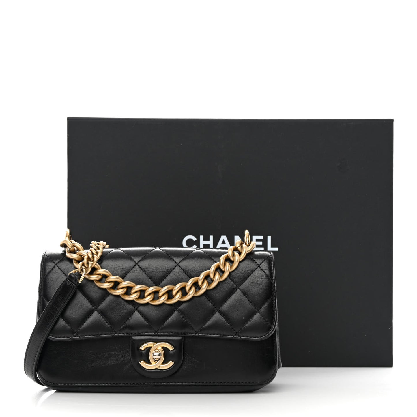 Iridescent Calfskin Quilted Small Straight Lined Flap Black