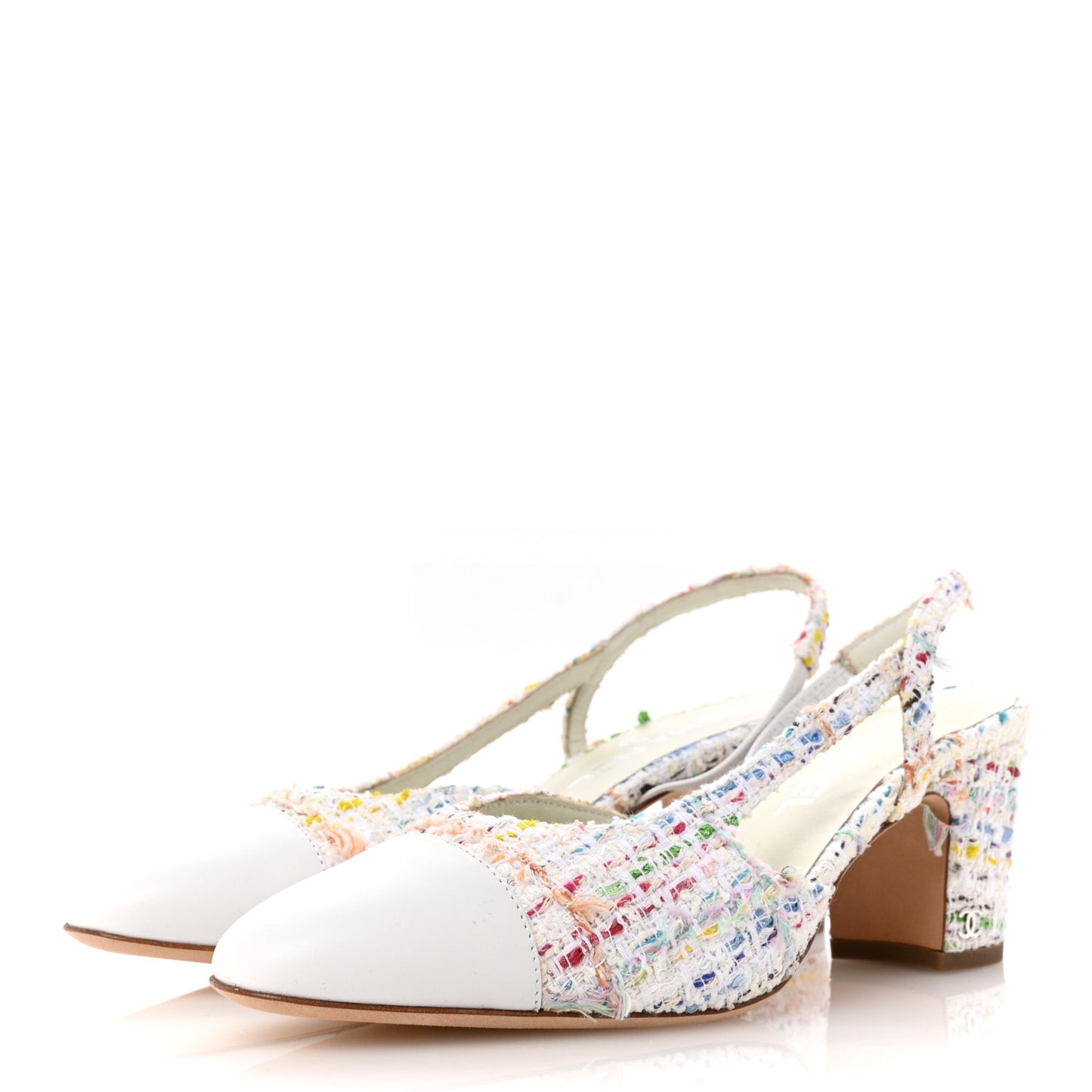 Tweed Lambskin Cap Toe CC Slingback Pumps 39 White Multicolor