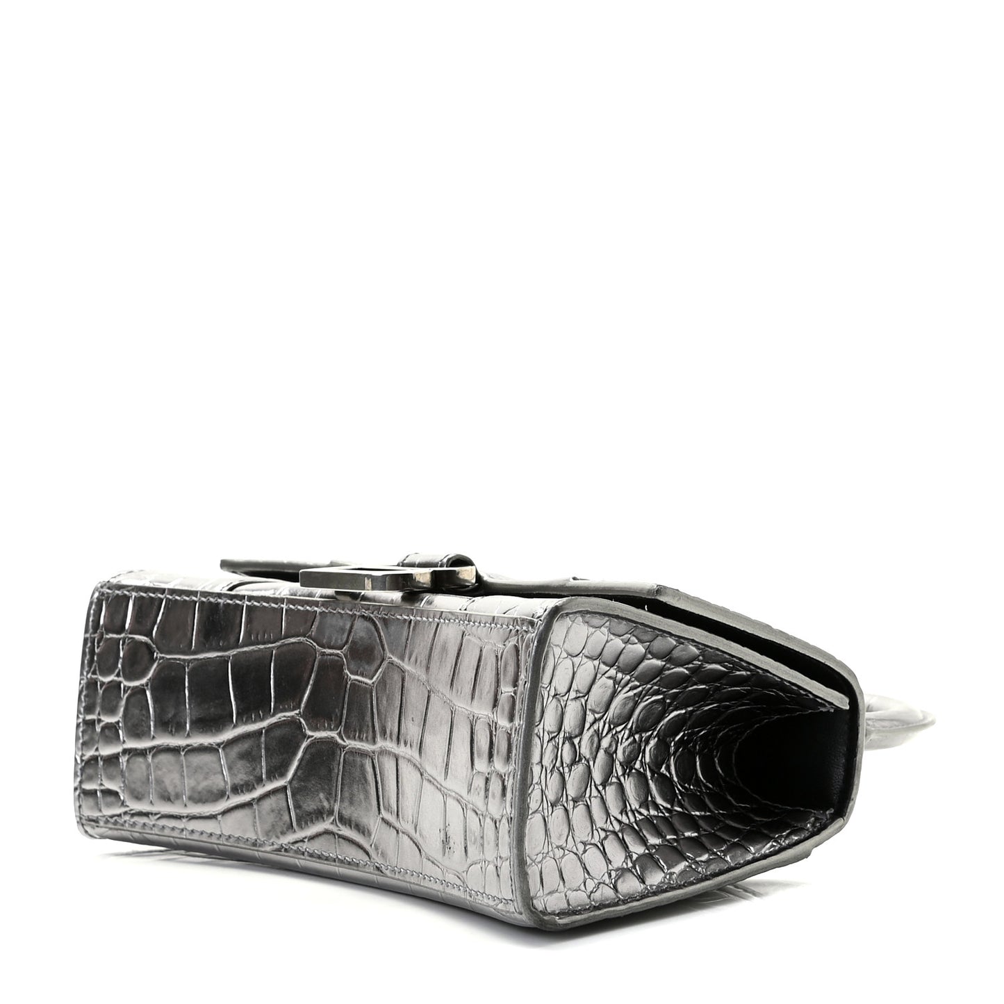 Shiny Calfskin Crocodile Embossed Hourglass Top Handle Bag XS Silver