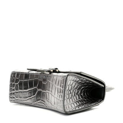 Balenciaga Shiny Calfskin Crocodile Embossed Hourglass Top Handle Bag XS Silver 6 of 8