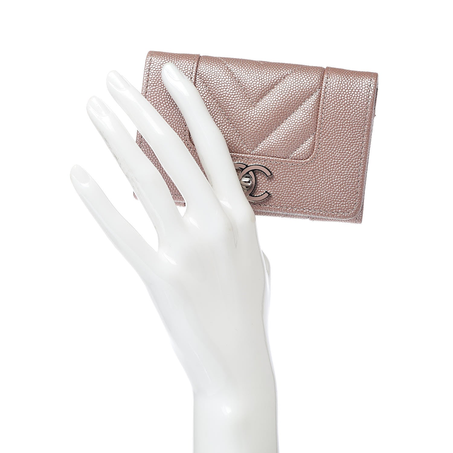 Chanel Metallic Caviar Chevron Quilted Vintage Mademoiselle Flap Card Holder Pink 2 of 9