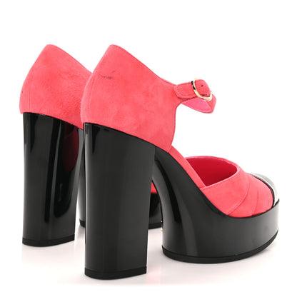 Chanel Suede Kidskin Patent CC Platform Pumps 37 Dark Pink Black 5 of 11