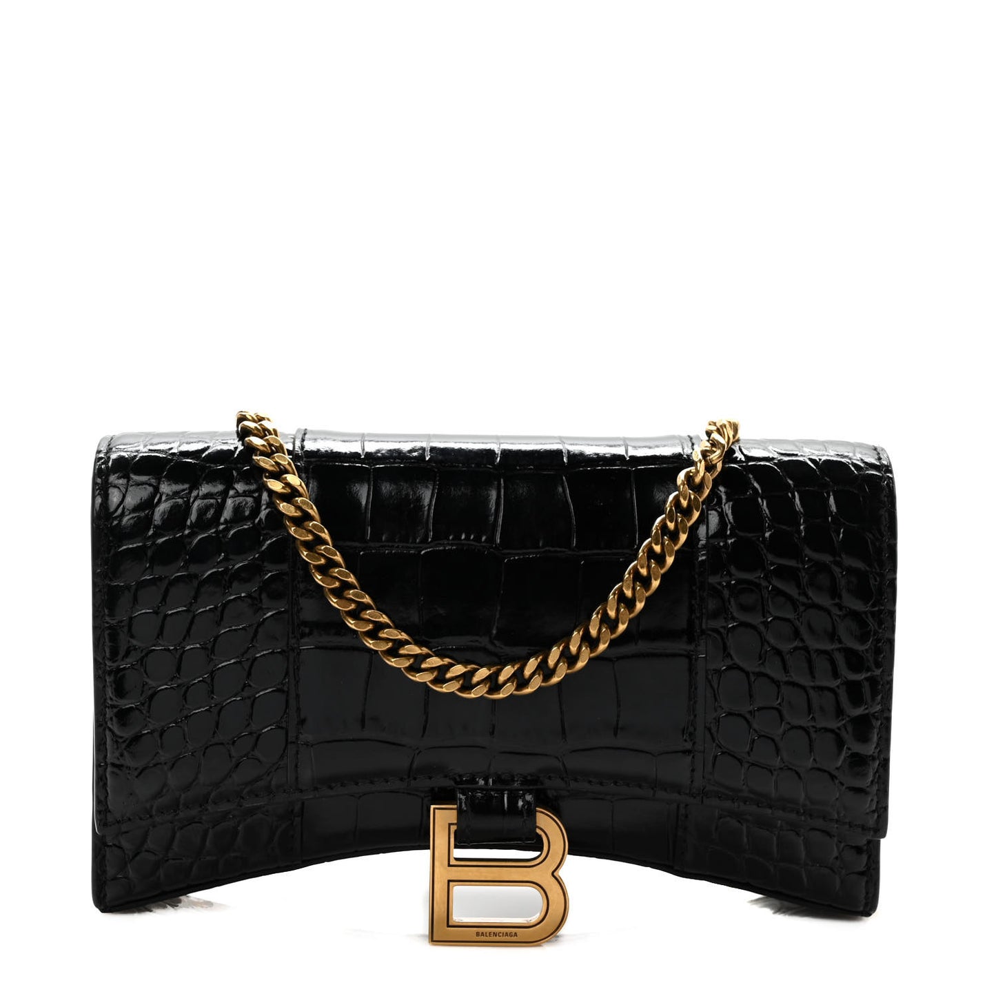 Shiny Calfskin Crocodile Embossed Hourglass Chain Bag Black